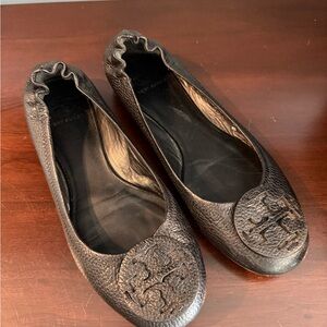 Tory Burch Black Flats with Medallion Logo